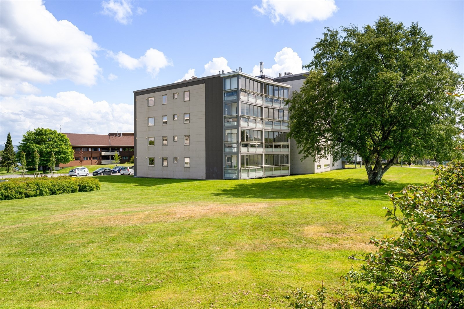 - Flotte grøntområder og parkering for beboere like utenfor bygget - Galleribilde