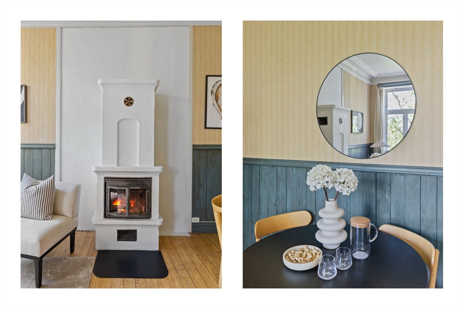 Klassiske detaljer som tregulv, brystningspanel (originalt treverk fra 1896) og peis Galleribilde