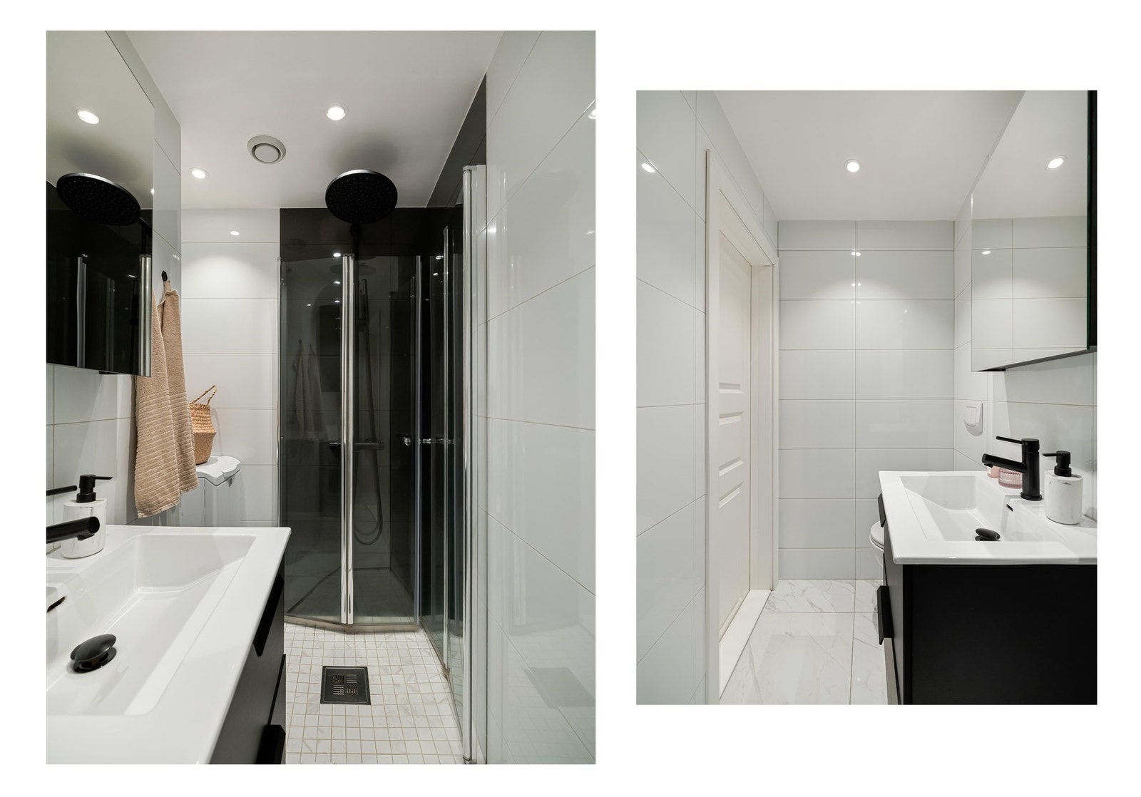 Delikat flislagt bad fra 2008, som ble modernisert i 2020 med flis på flis, ny innredning og regnfallsdusj. Det er opplegg og plass til en smalere vaskemaskin i avlukket ved dusjsonen. Galleribilde