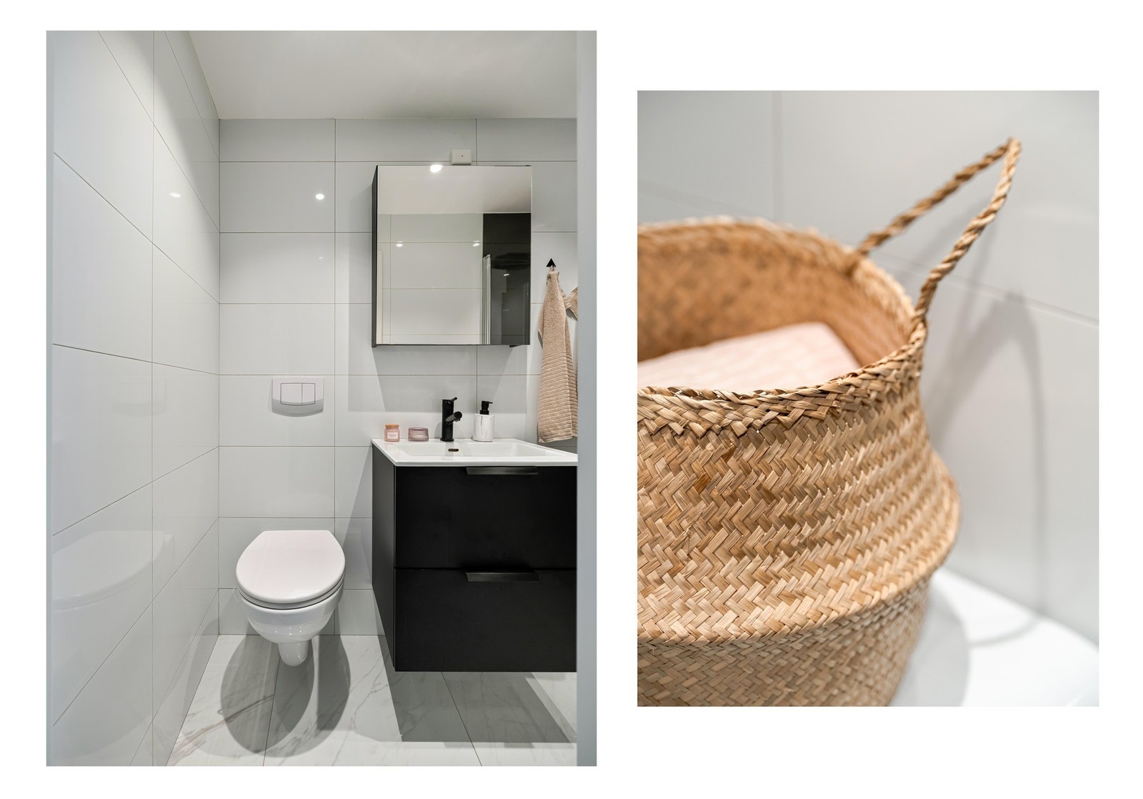 Det er tilrettelagt for praktisk oppbevaring i hverdagen, både i speilskap og skuffeinnredning. Det er ellers lune varmekabler i gulv og dimbare downlights i tak. Galleribilde