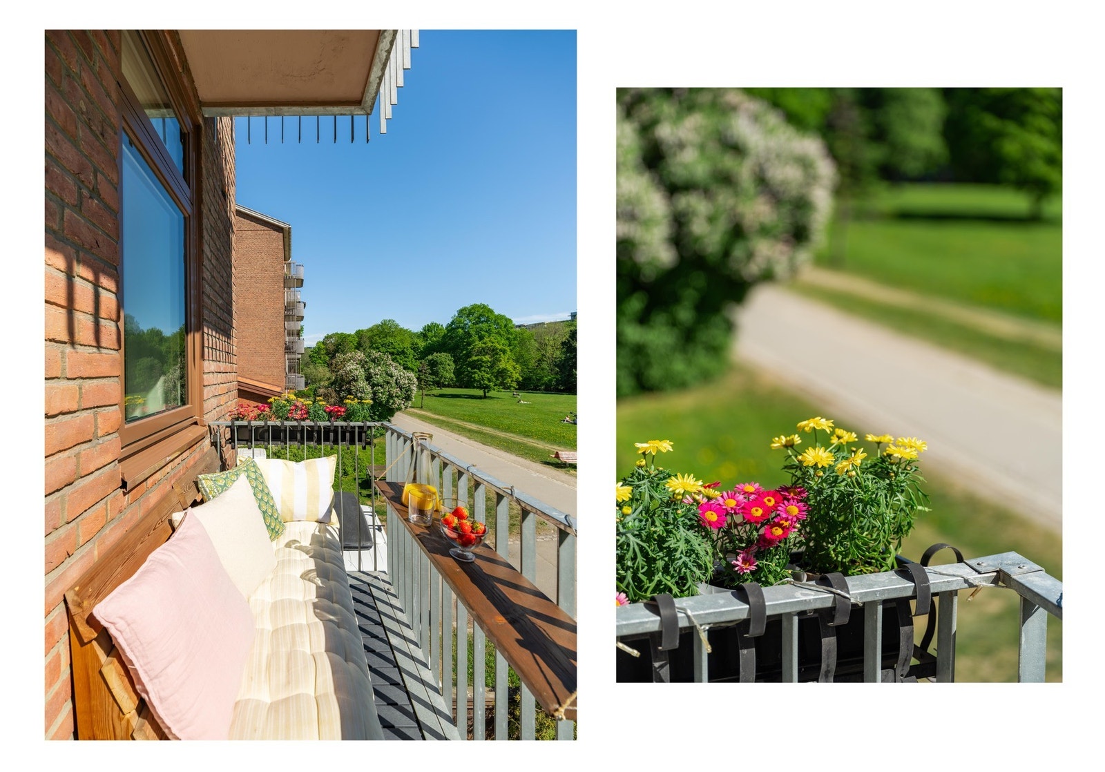 Balkongen er på ca 3 kvm og er innredet med hyggelig sitteplass. Det er sol fra tidlig morgen og frem til ca 13-tiden sommertid. Galleribilde