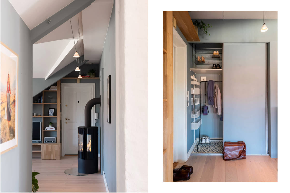 Ved entreen er det en romslig skyvedørsgarderobe. På andre siden av veggen er det bare bodareal. Galleribilde