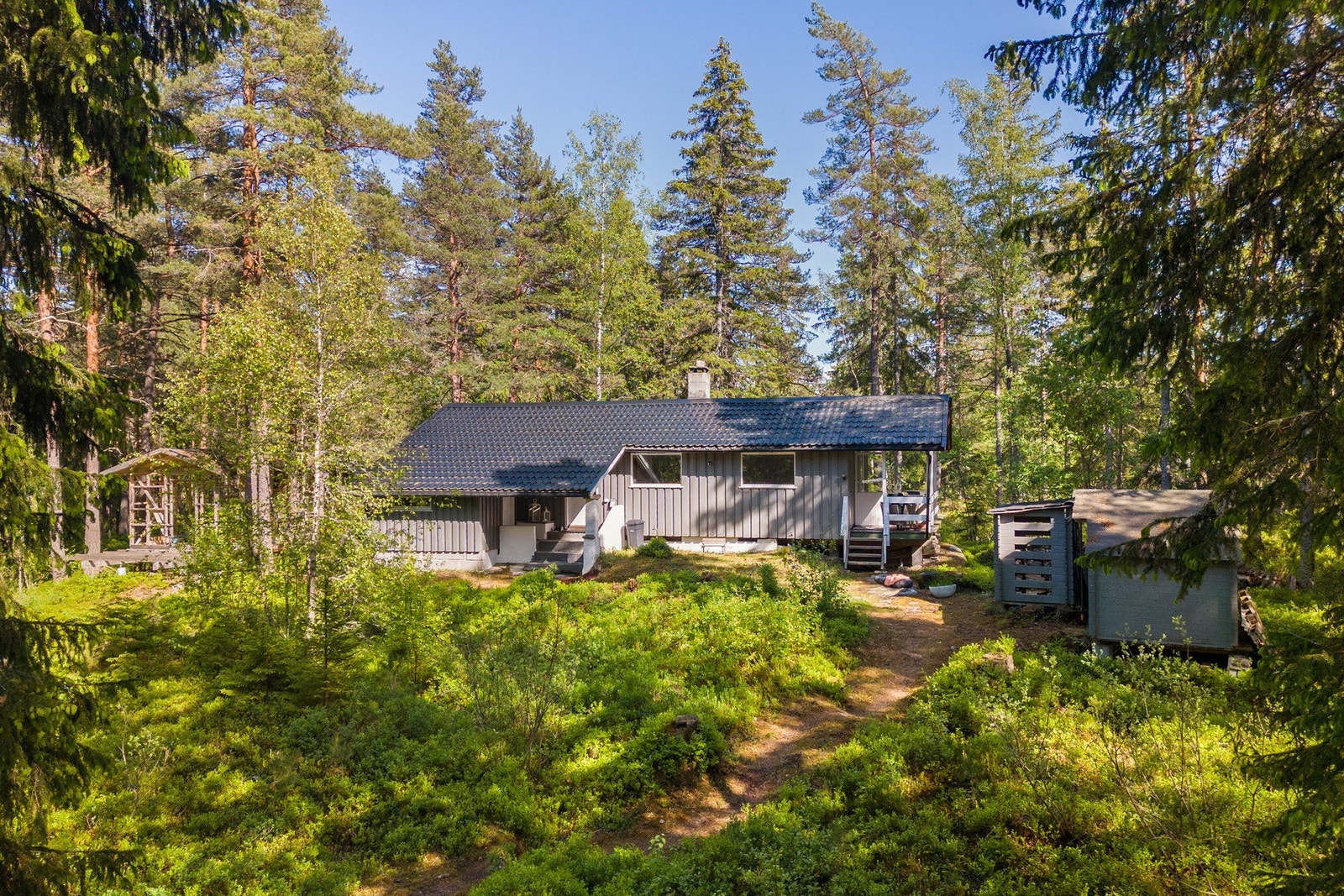 En barnevennlig og usjenert hytte beliggende i skogen. Her kan du nyte skogens ro. Galleribilde