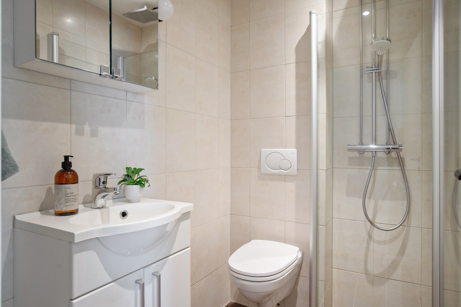 Innredet med dusjhjørne med glassdører, vegghengt toalett og servant med innredning og speilskap Galleribilde