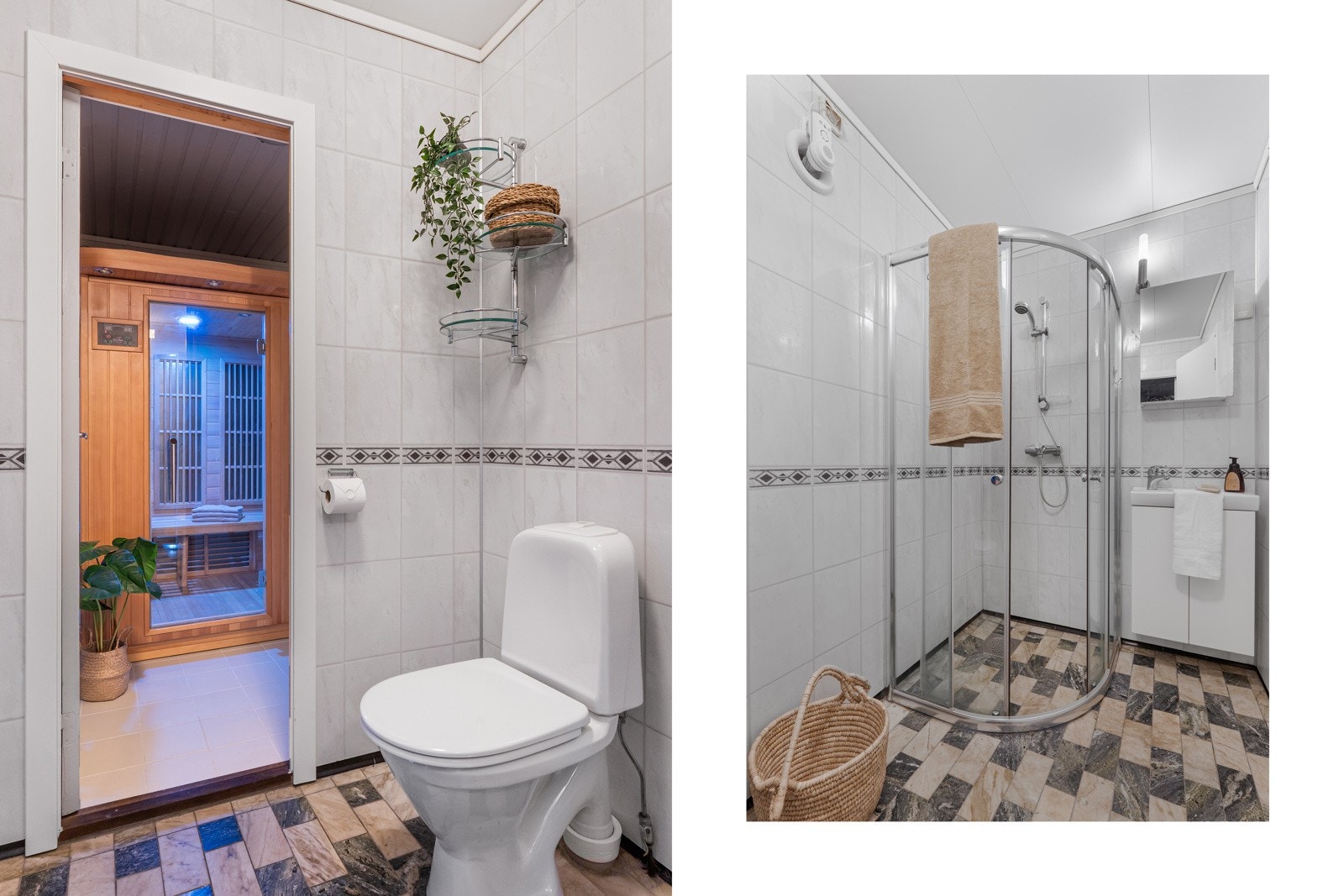 Bad med tilkomst til rom med badstu. Bod/badstu har flis på gulv fra 2015. Galleribilde