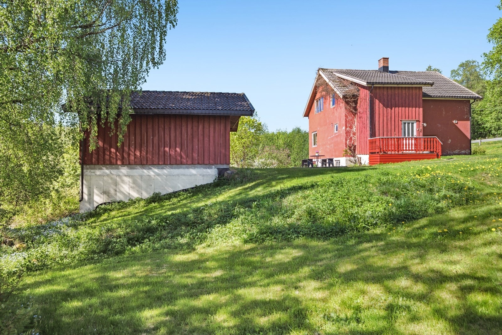 Stor hage med plen og beplantning, gir mange muligheter for hageentusiaster. Galleribilde