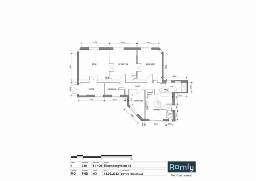 Plantegning fra 2023. Rominndeling stemmer, men det tas forbehold om eventuelle avvik. Målene er kun stipulert av Roomly. Galleribilde