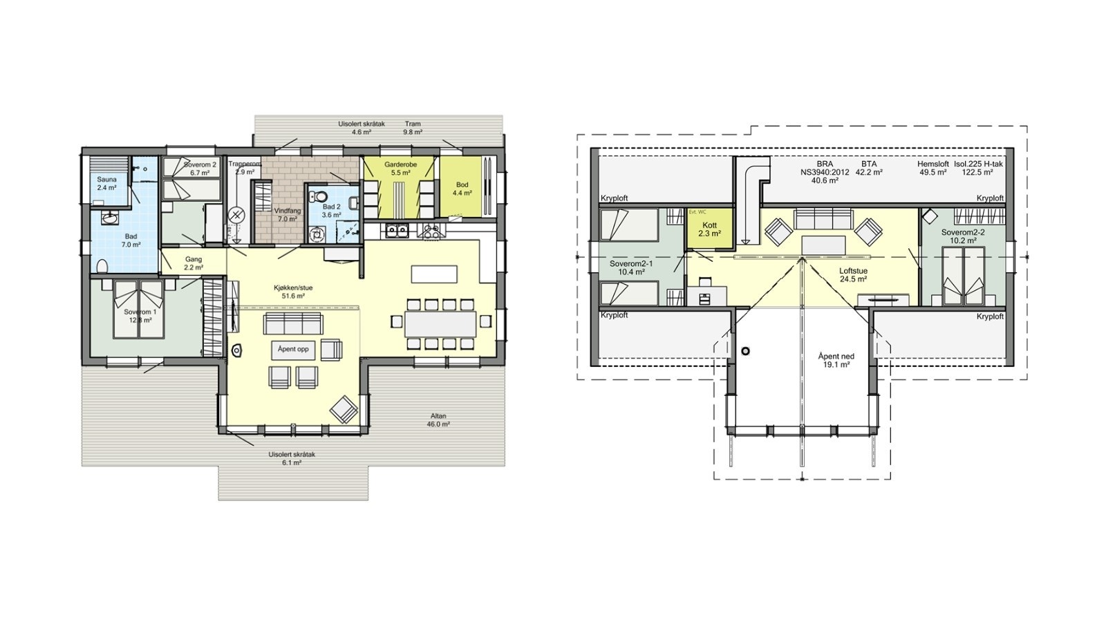 Planløsning Solheim Premium - det mest innholdsrik modellen i Solheim-serien fra Saltdalshytta. Galleribilde