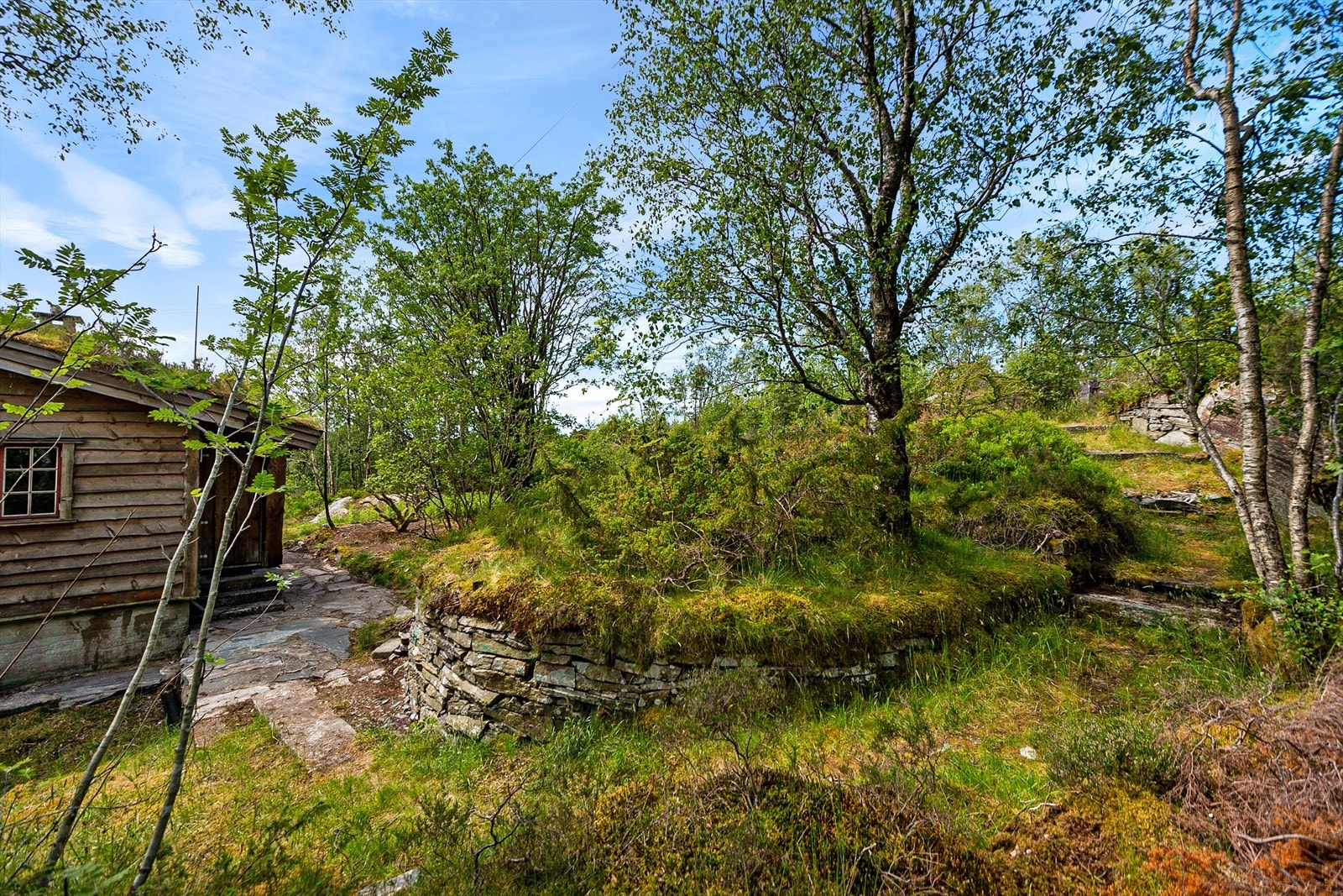 Det er adkomst til hytten på gruset veg og sti i naturterreng Galleribilde