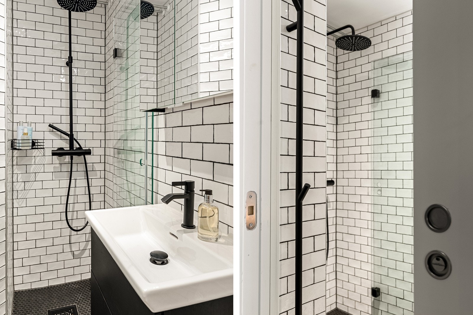 Baderommet har et moderne design med historiske fliser på gulv med termostatstyrte varmekabler, flissatte vegger, glatte himlingsflater med downlights (led) og lekker innredning fra 2021. Galleribilde