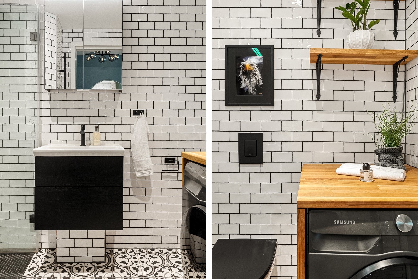 Baderommet har nye dusjdører, servantinnredning og nytt dusjgarnityr som ble montert i 2021, samt opplegg for vaskemaskin. Galleribilde