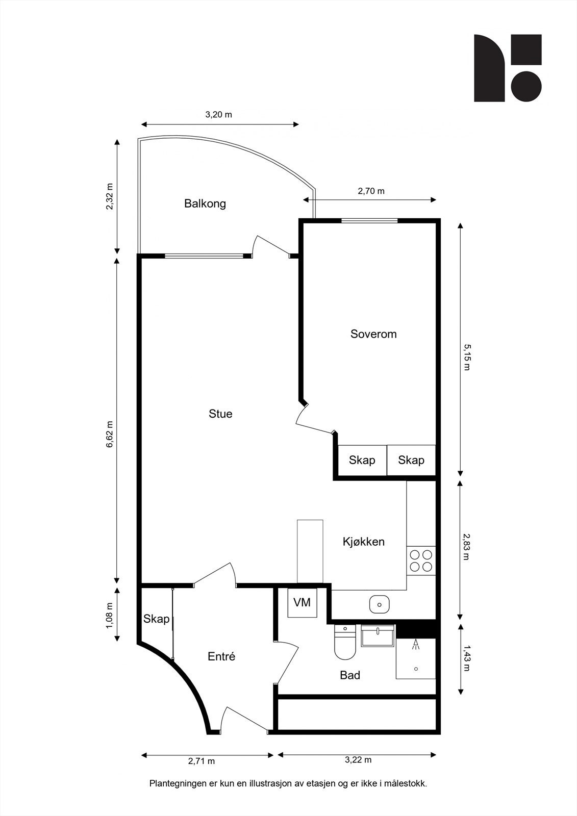 Praktisk planløsning med romslig stue og soverom med garderobe. Galleribilde