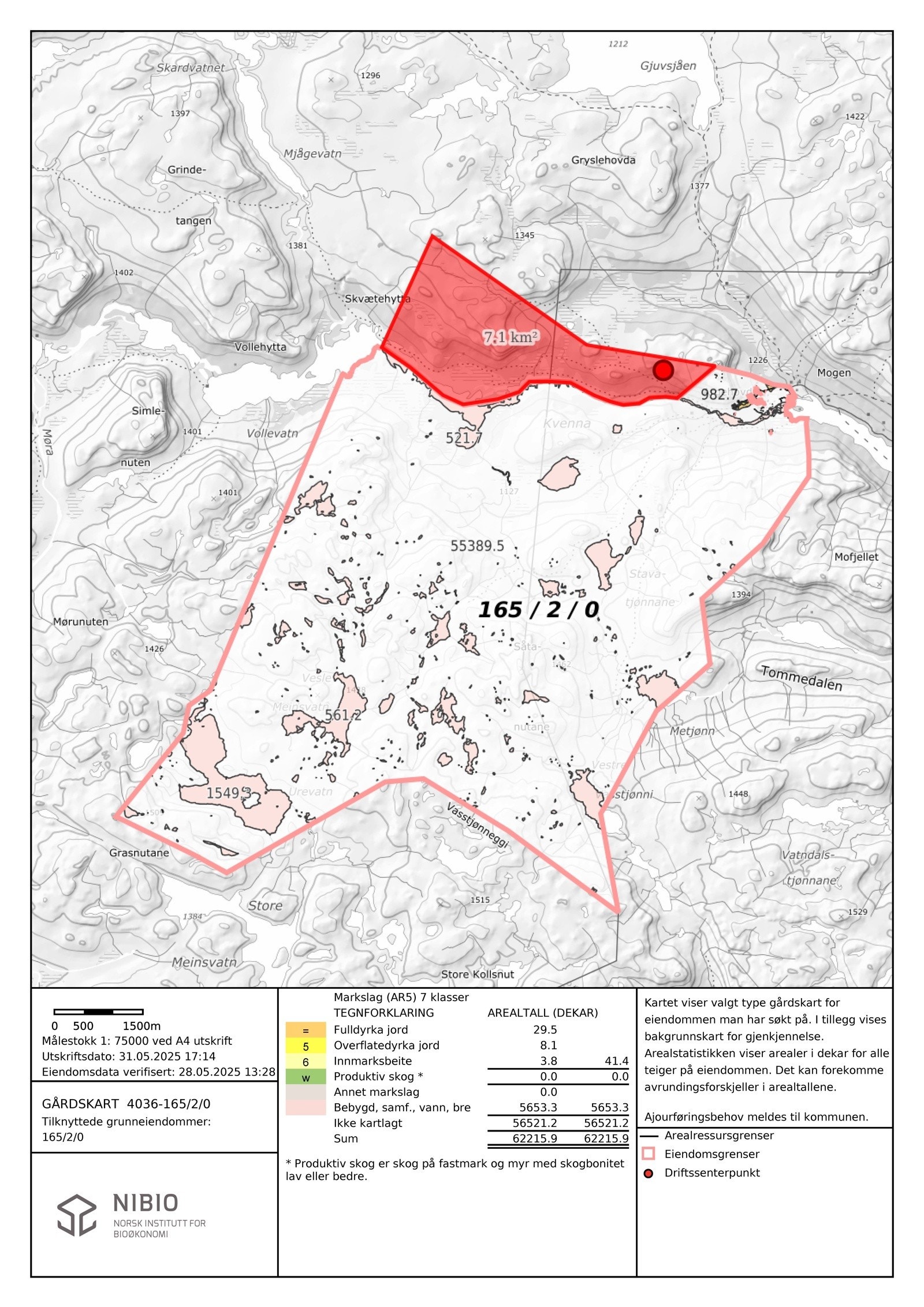 Kart over eiendommen. Merk at området i rødt er tegnet inn fra gamle kart etter opplysninger gitt fra selger. De faktiske grensene kan derfor avvike. Galleribilde