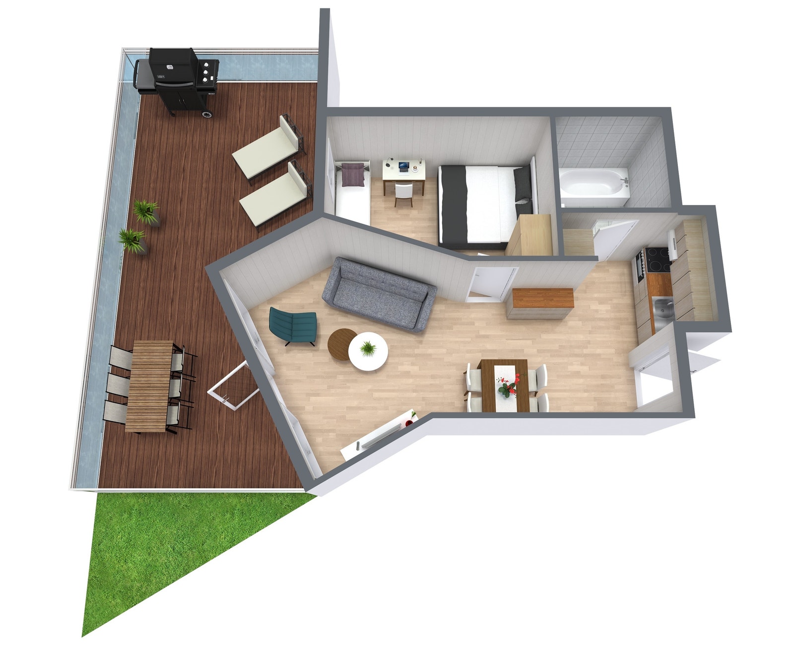 Praktisk planløsning. Stor terrasse. Mange møbleringsalternativ for senger. Kan også dele av soverommet med en egen alkove nærmest badet og dobbeltseng i eget rom nærmest vinduet. Galleribilde