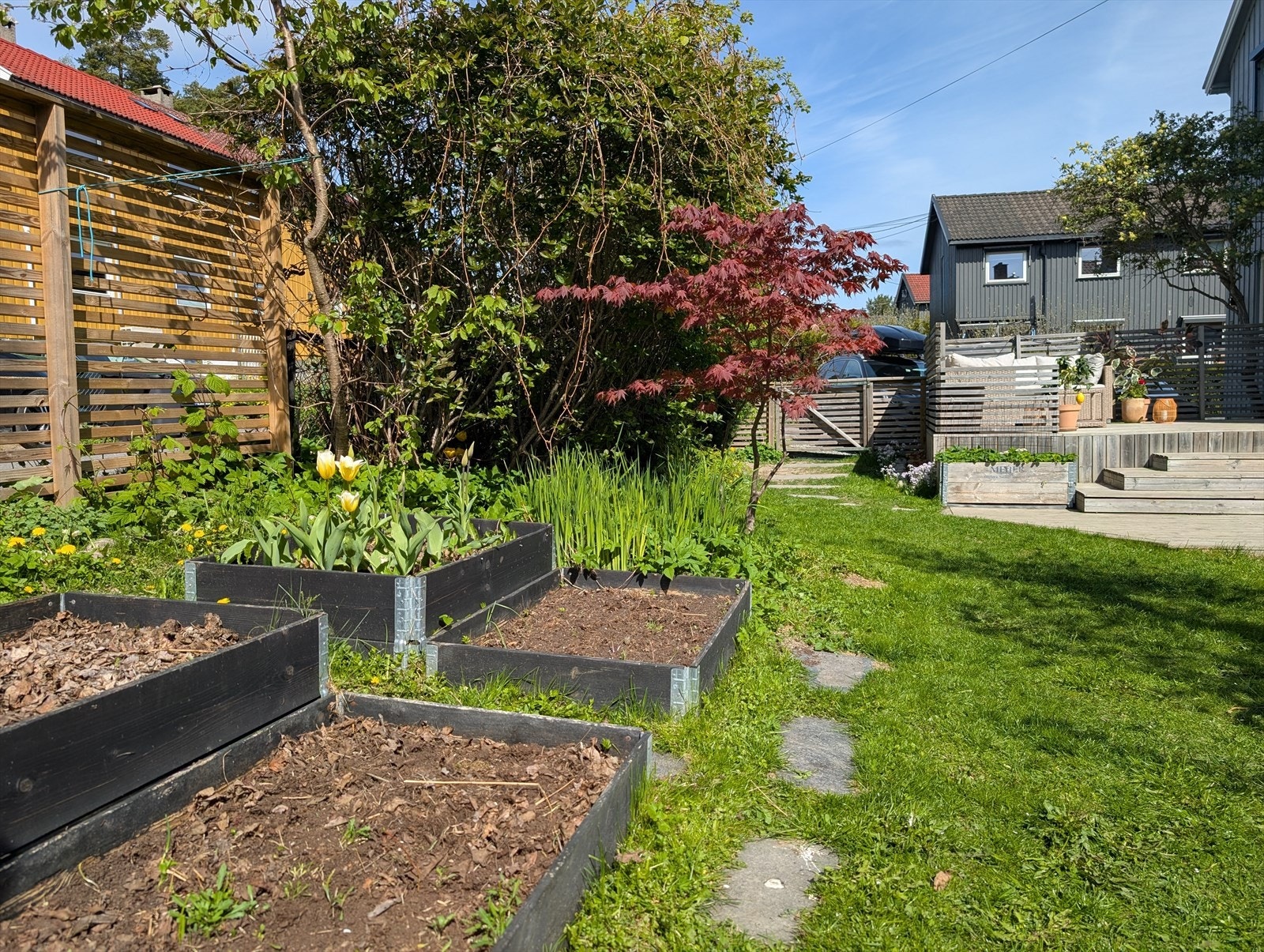 Det er satt opp kasser i hagen til å dyrke planter og urter som man ønsker selv. Galleribilde