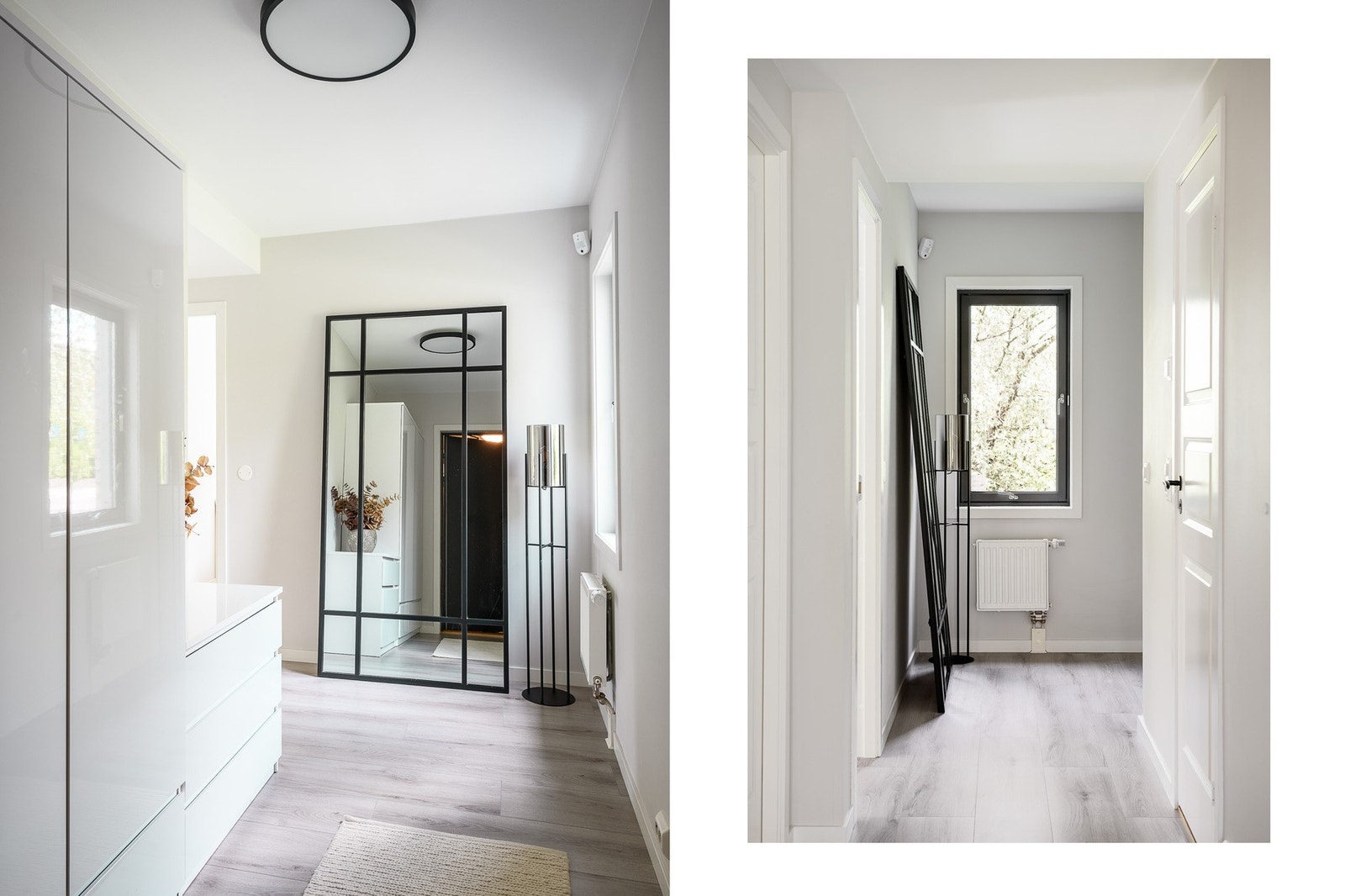 Lys og praktisk inngang med god plass til oppbevaring. Garderobeskap gir ryddige løsninger, og downlights skaper en innbydende stemning. Galleribilde