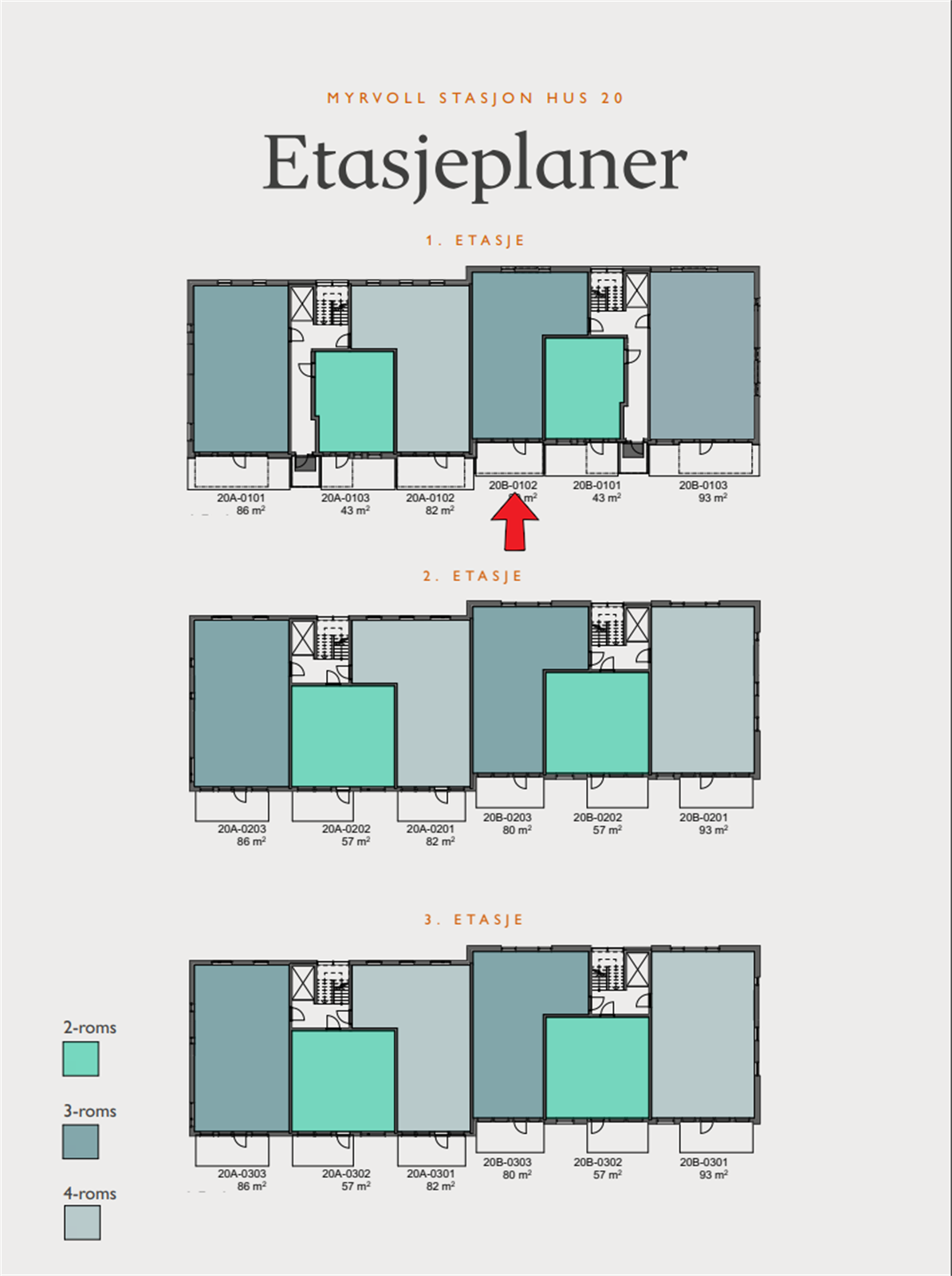 Etasjeplan med markering av leilighetens beliggenhet. Galleribilde