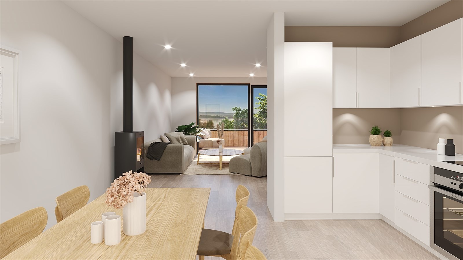 Straumeveien_Bolig 2, illustrasjon kjøkken og utsikt, versjon 2 Galleribilde