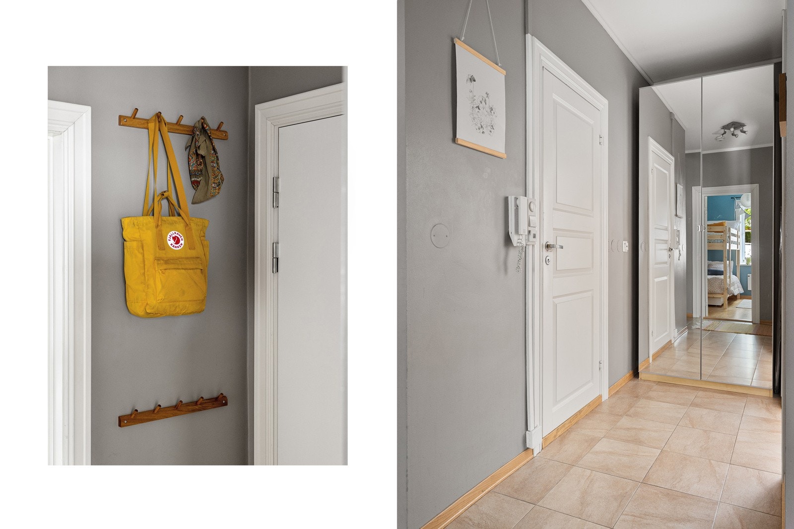 Romslig inngangsparti med flislagt gulv med varmekabler. Her er det garderobeskap for oppbevaring av yttertøy og sko. Callinganlegg. Galleribilde