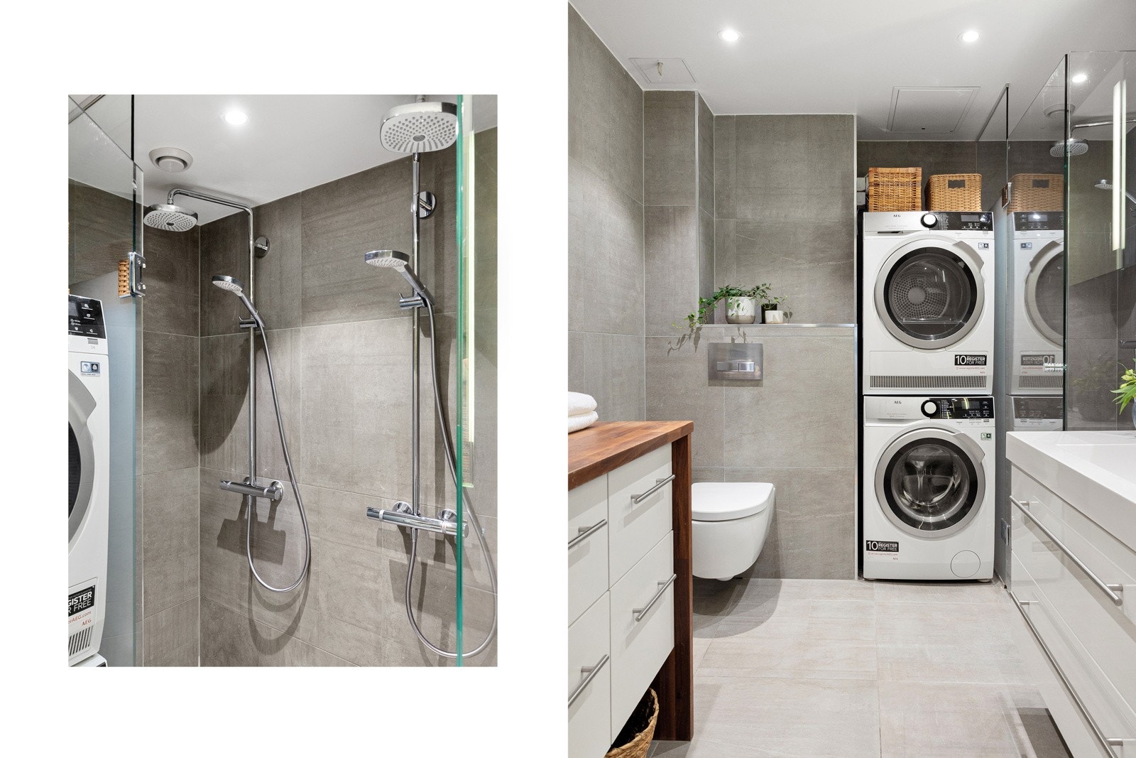 Flislagt bad med varmekabler, dusjnisje, veggmontert servantskap og toalett samt opplegg for vaskemaskin. Svingbar dusjvegg og dobbel dusj med termostatstyrte dusjbatterier i krom med både hånd- og rengfallsdusjer. Galleribilde