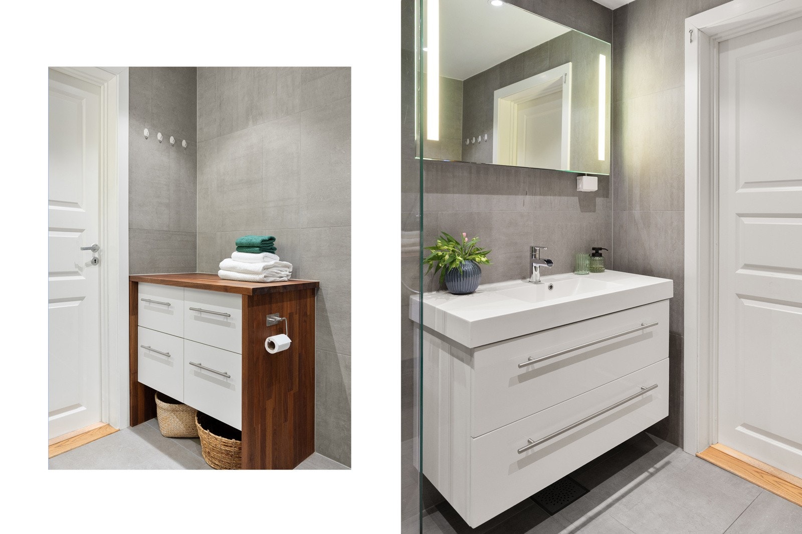 Benkeskap med heltre benkeplate og skuffer. Veggmontert servantskap med heldekkende vask og ett-greps armatur i krom. Galleribilde