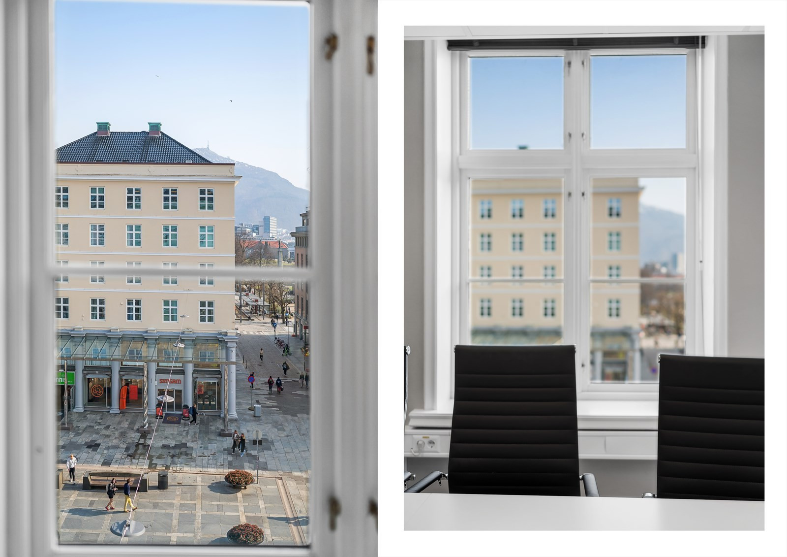 De ledige lokalene har vinduer og utsikt mot Torgallmenningen. Henholdsvis BTA 300 m² i både 4. og 5. etg.