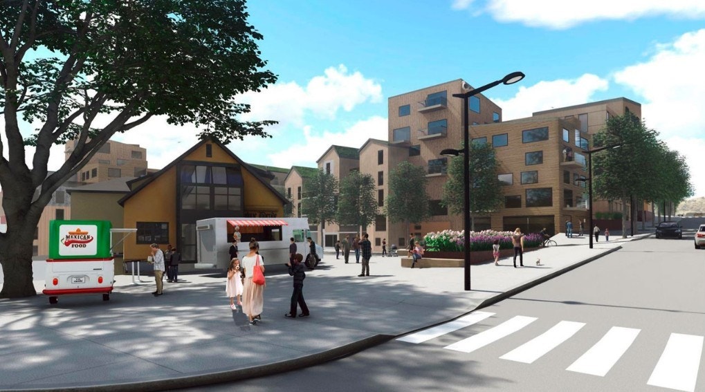 Illustrasonsbilde: Dette blir fra inngangen til den nye bydelene når en krysser over ifra togstasjonen. Galleribilde