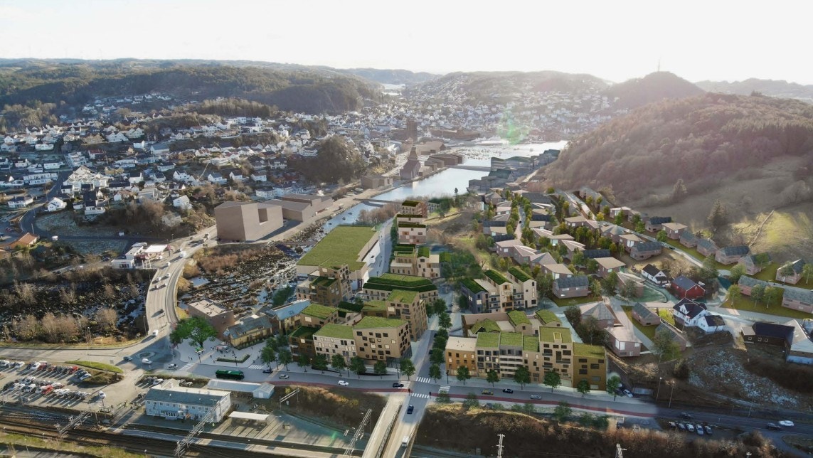 Illustrasonsbilde: Hele området sett fra lufta. Som en ser bakert i bildet er det planlagt å bygge en gang/sykkelsti med bro over til sentrum av byen. Galleribilde
