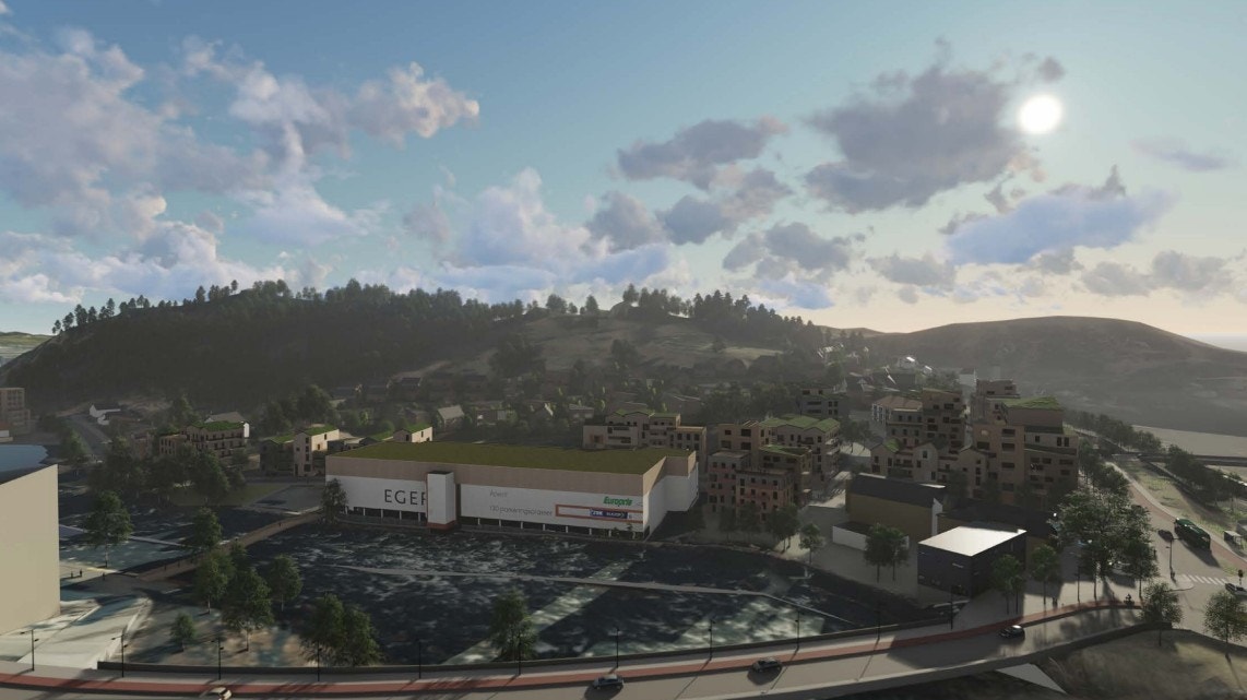 Illustrasonsbilde: Her ser en senteret i forkant med 1 ekstra etasje ifra slik det er idag. I bakgrunnen her ser en den nye tiltenkte bydelen, men her er store deler av arealet nå tiltenkt ny videregående skole - se neste bilde. Galleribilde