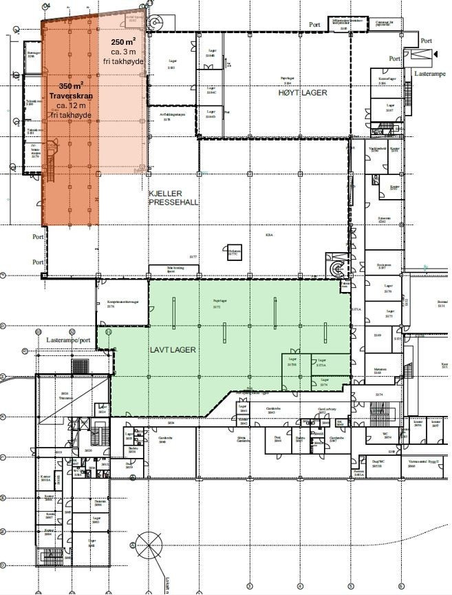 To ledige alternativer i sokkeletasjen, hhv. høytlager med traverskran og et ordinært lagerlokale. Galleribilde