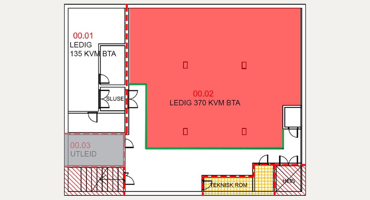 Plantegning U. etasje - ledige lagerarealer på 135 kvm og 370 kvm Galleribilde