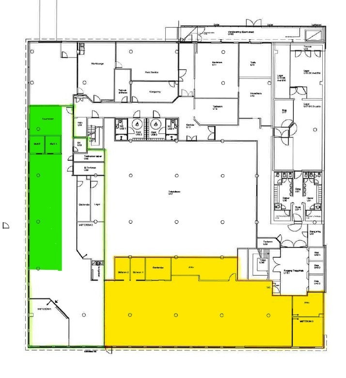Ledig areal i - U-etg. BTA 564 m² vist i gult og BTA 244 m² vist i grønt. Galleribilde