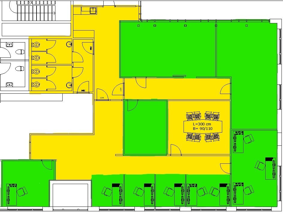 Planskissen viser kontorfellesskapet, hvor grønn markering er eksklusivt areal og gul markering er fellesareal. Galleribilde