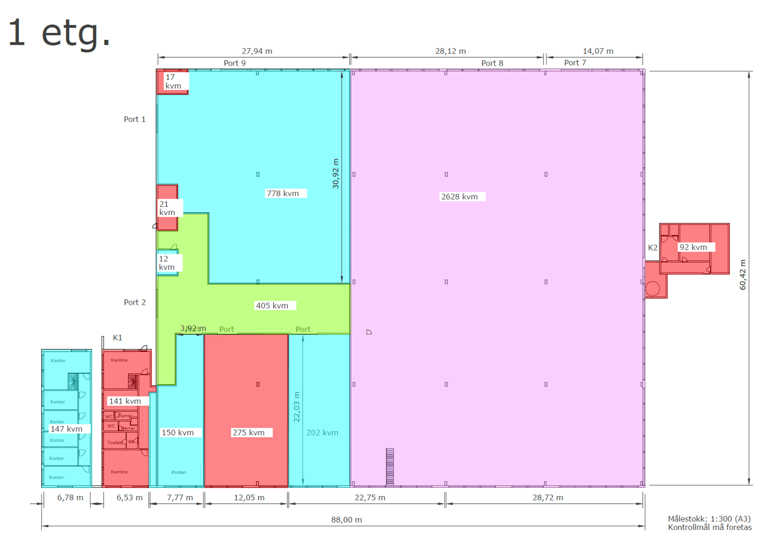 Plantegning 1. etg. Ledig areal merket med rosa farge, BTA 2628 m².