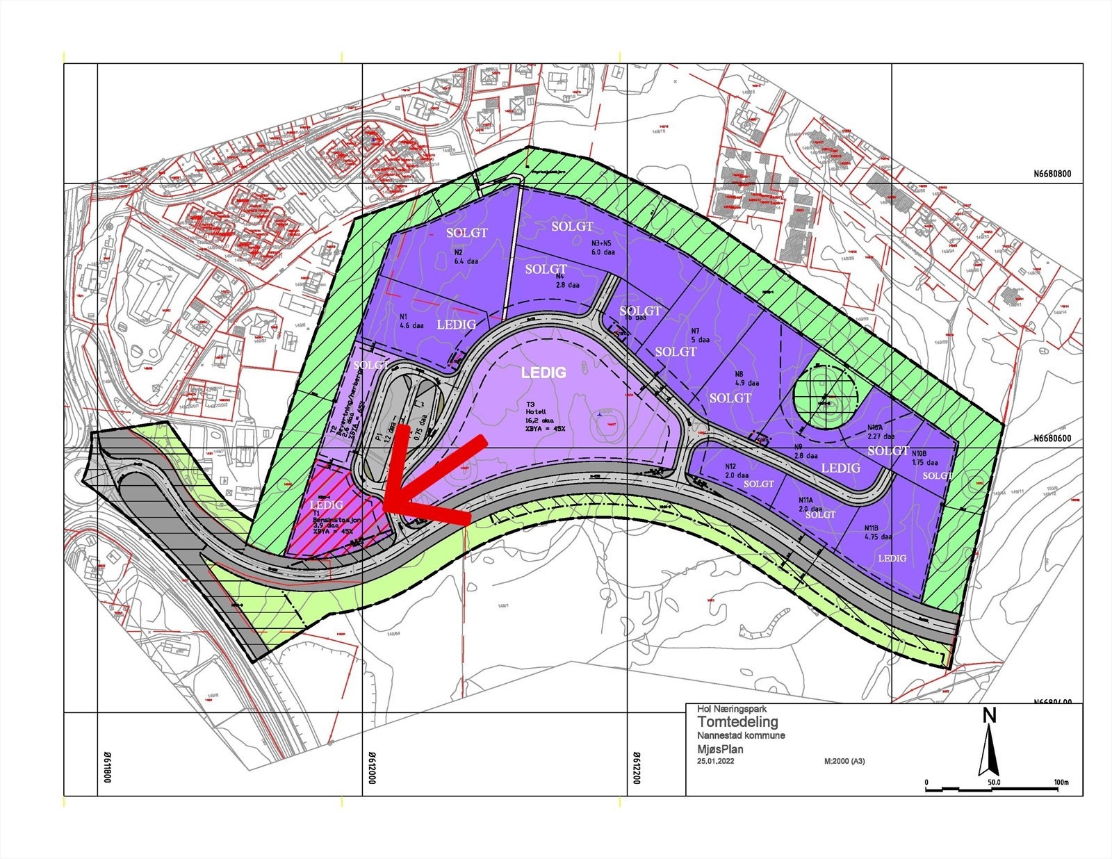 Gardermoen Nord Næringspark - Tomtedeling (tomt markert med pil). Galleribilde