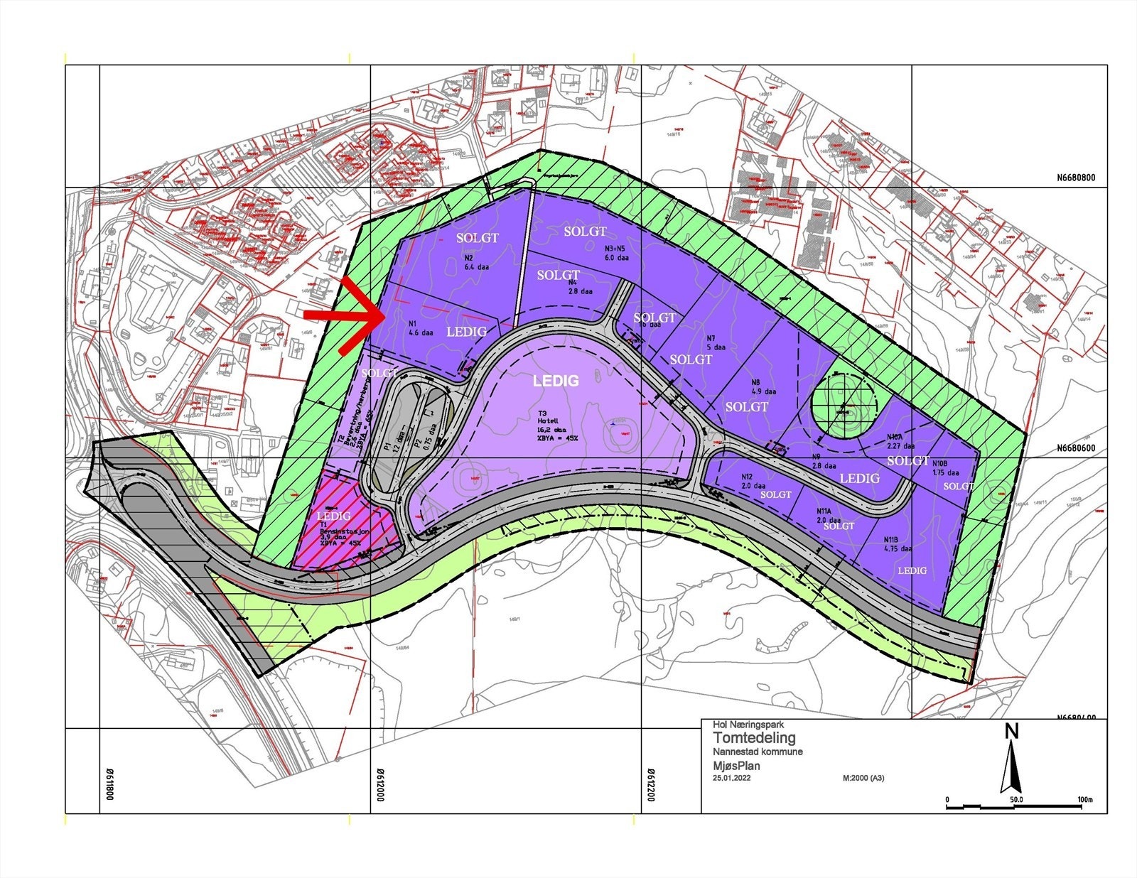 Oversiktskart som viser tomteinndelingen på Gardermoen Nord Næringspark. Rød pil viser tomt. Galleribilde