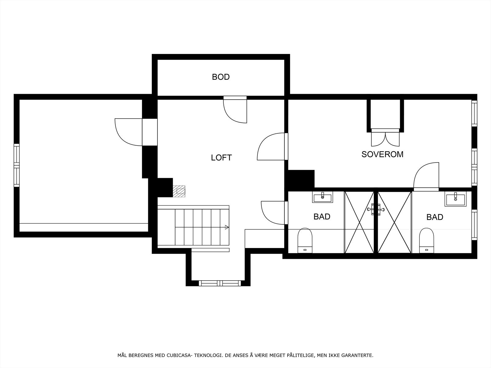 2.etasje i det gule huset inneholder gang, 2 soverom og 2 bad med WC Galleribilde
