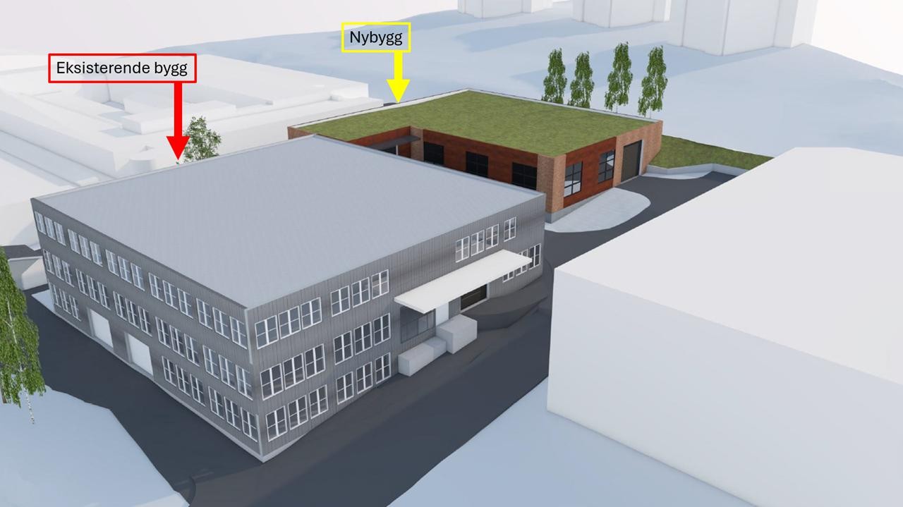 Illustrasjon sett fra øst, eksisterende bygg markert med rød pil, nybygg markert gul pil. Galleribilde