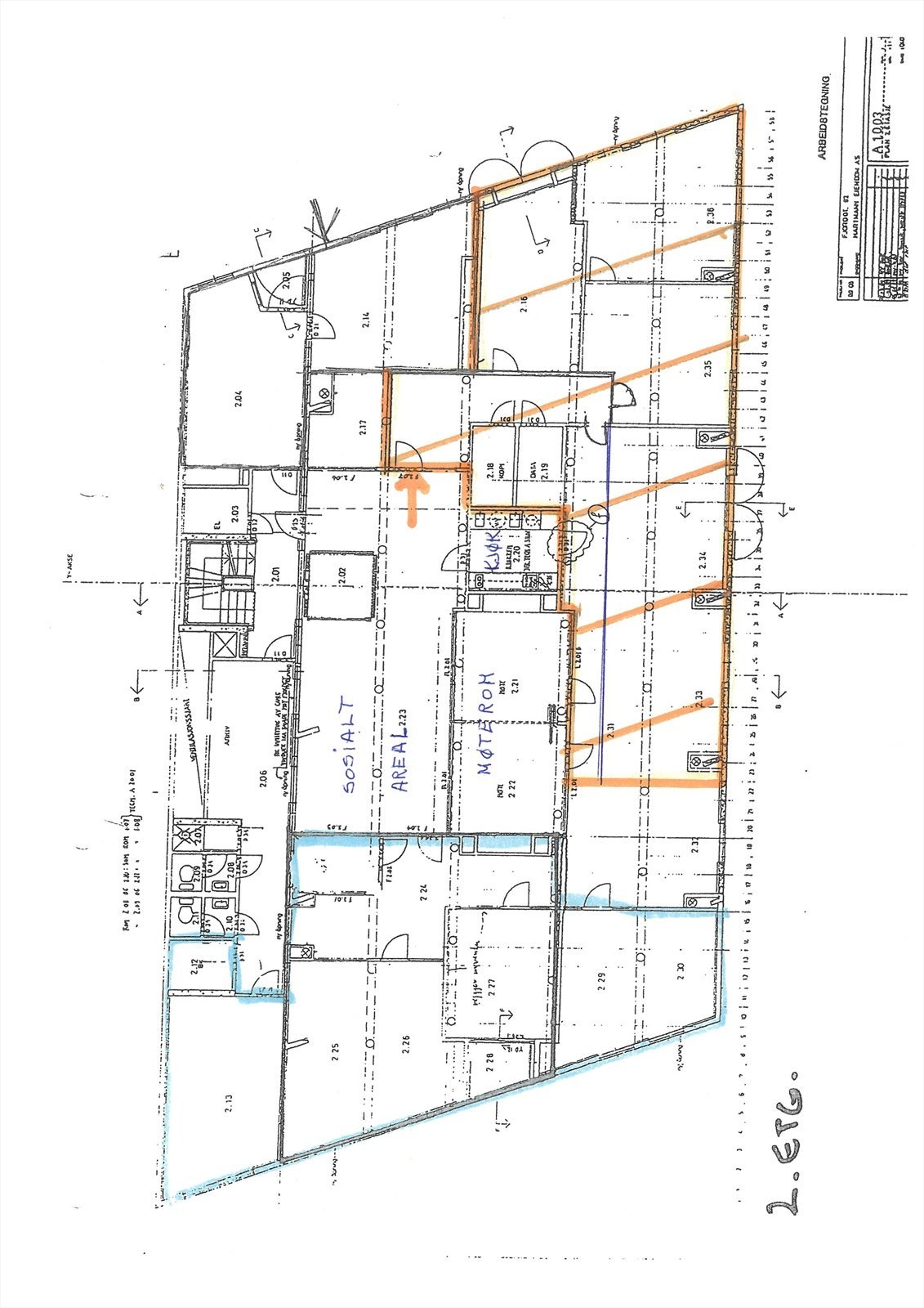 Arealskisse 2. etasje. ledig areal markert orange Galleribilde