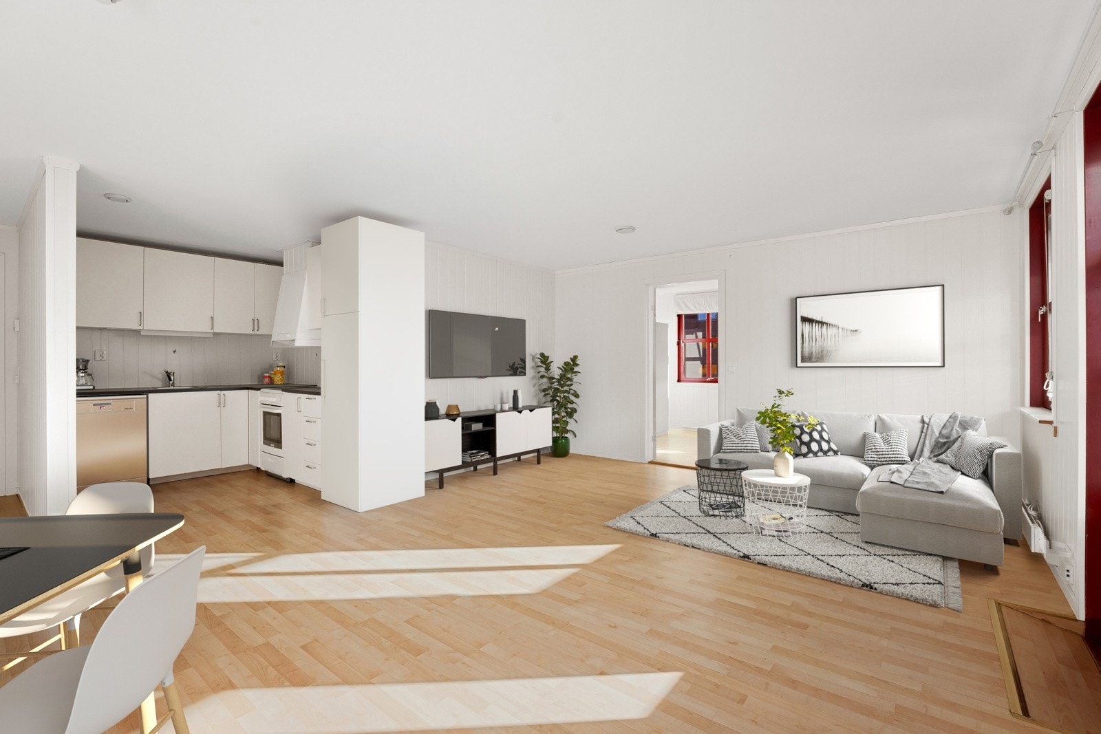 Stue med åpen kjøkkenløsning. - Digitalt stylet Galleribilde