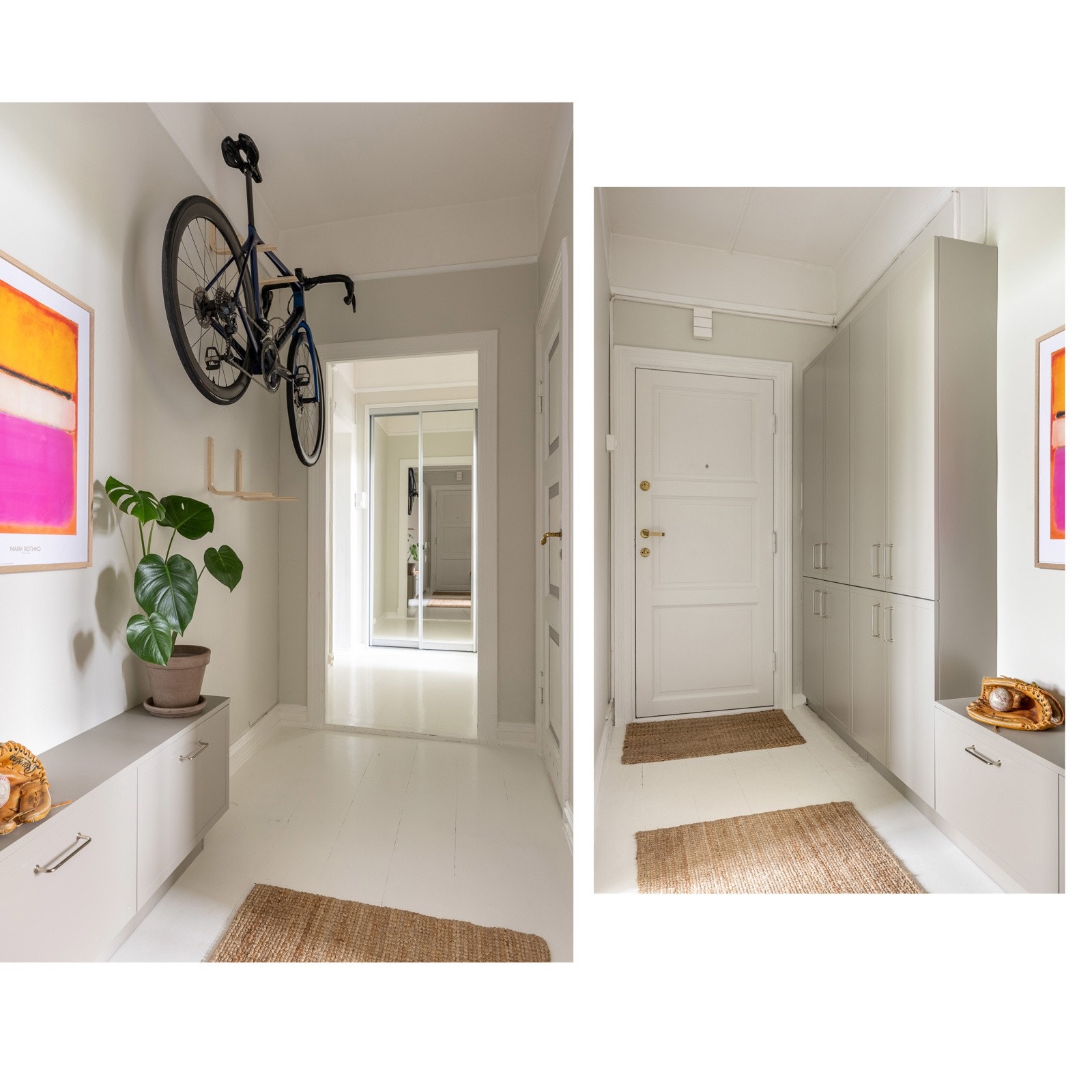 Luftig og lys entré med generøs takhøyde, spesialbygget skoskap og praktisk sykkeloppheng. Galleribilde