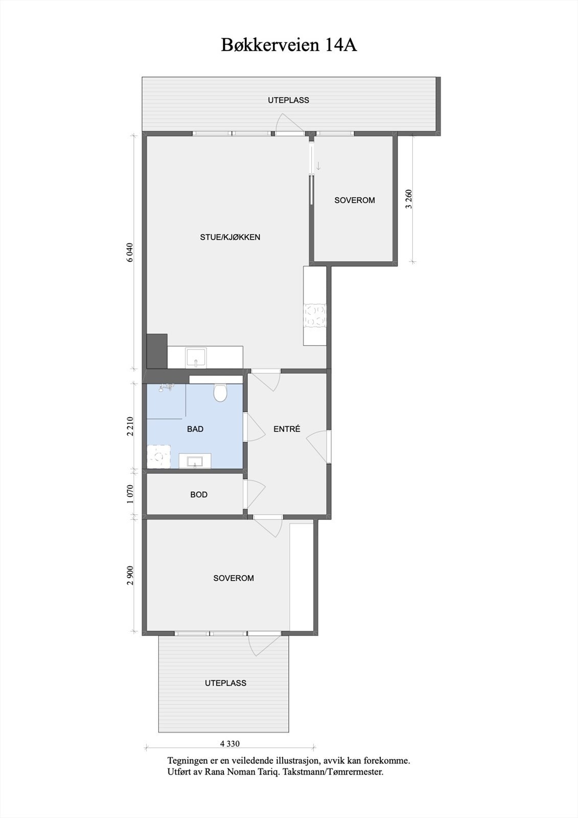 Leiligheten ligger i 1. etasje og inneholder entré, bod, bad, soverom med utgang til terrasse, soverom og åpen stue/kjøkkenløsning med utgang til terrasse. I tillegg disponerer leiligheten en stor kjellerbod og garasjeplass med elbil-lader. Galleribilde