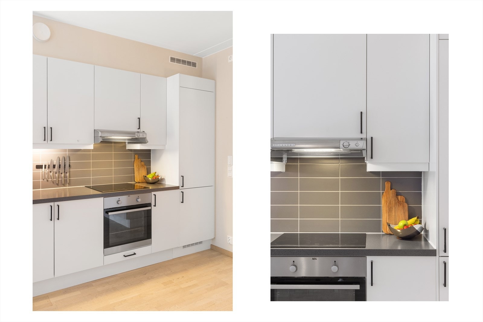 Kjøkkenet er utstyrt med integrerte hvitevarer som kjøleskap, ovn, platetopp og oppvaskmaskin. Galleribilde