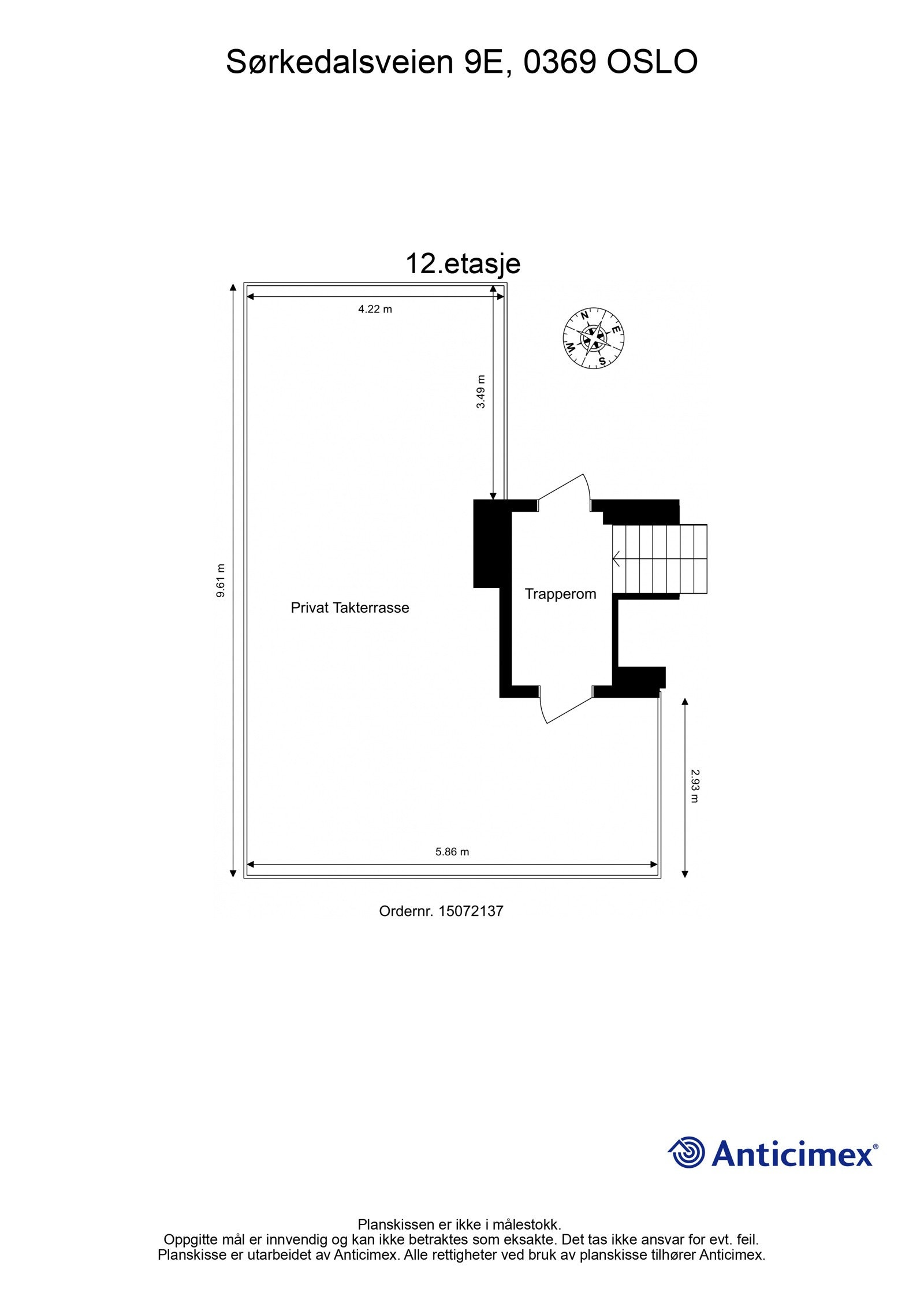 Plantegning 12. etasje. Leiligheten har en helt fantastisk privat takterrasse på hele 42 kvm. Galleribilde