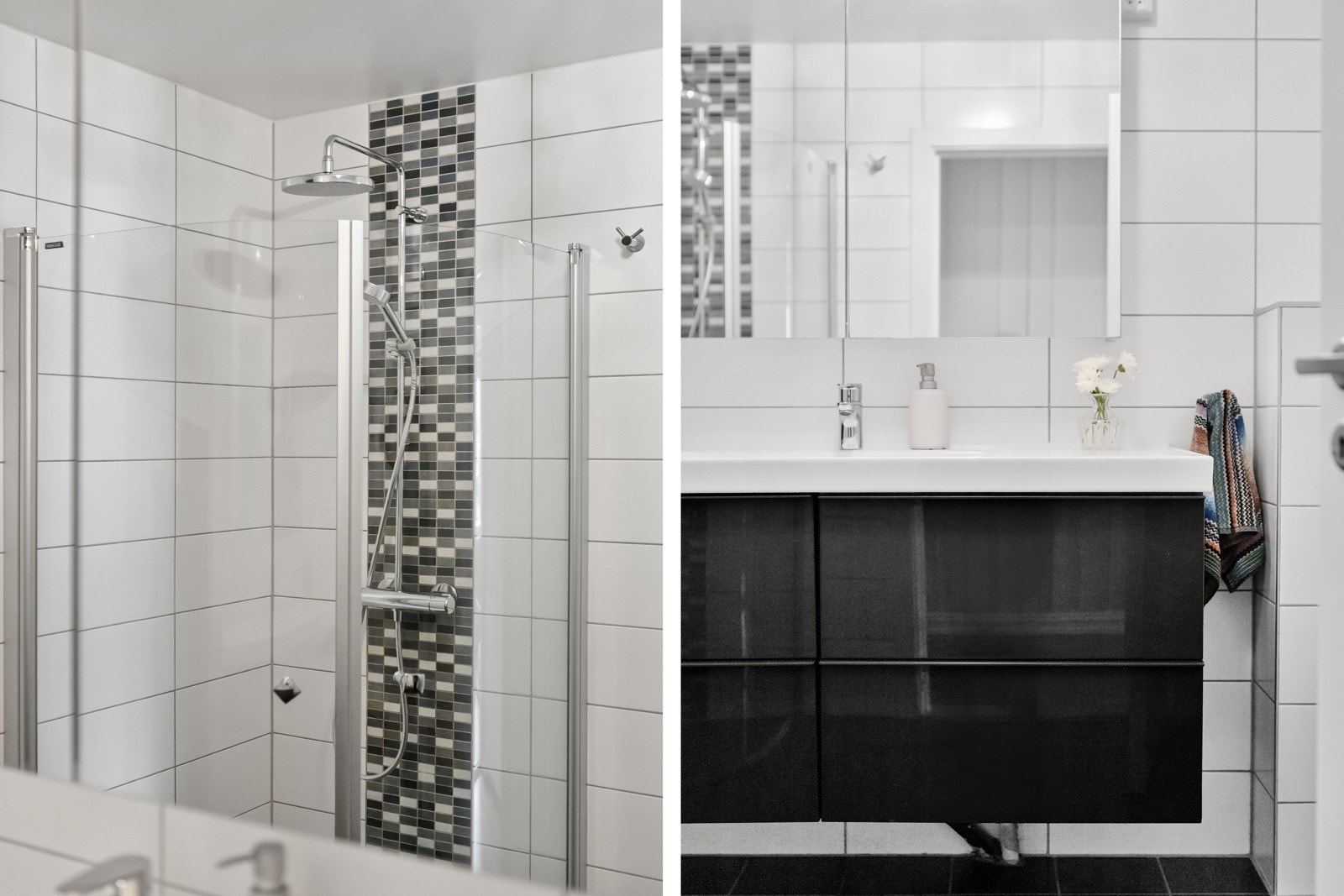 Badet er utstyrt med vegghengt toalett og innebygget sisterne, servantinnredning med grå høyglans laminerte fronter. Speilskap med overbelysning Galleribilde