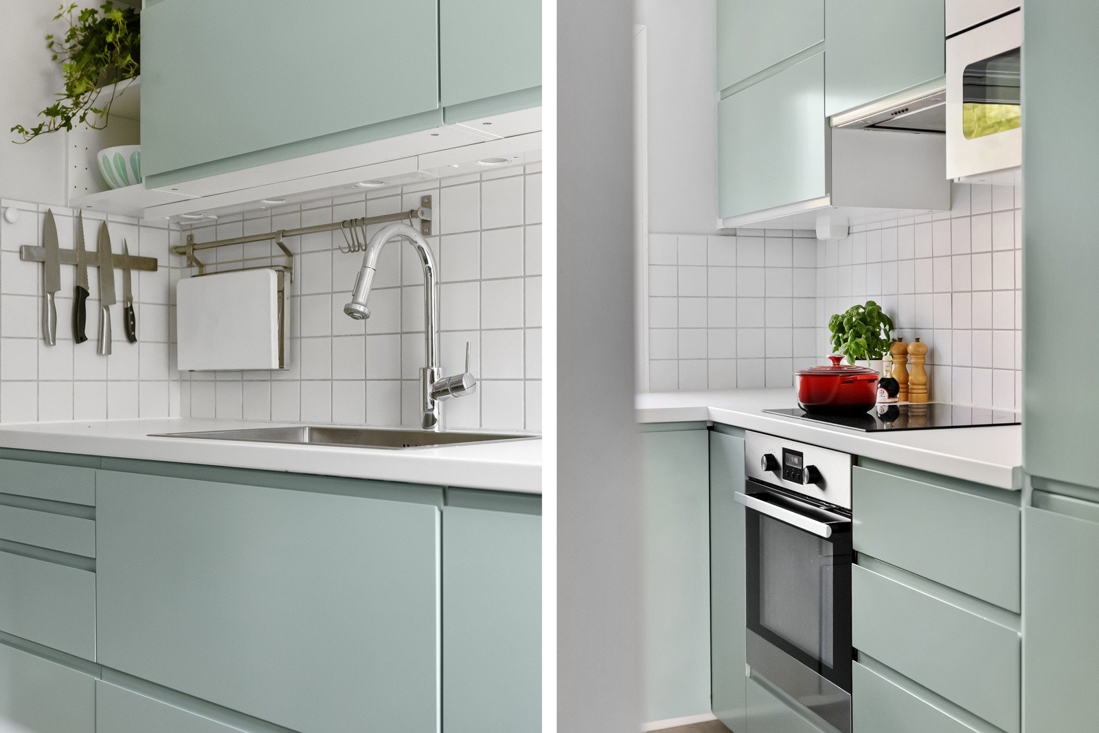 Flislagt vegg over kjøkkenbenk og benkebelysning under overskap. Integrert IKEA oppvaskmaskin, induksjonstopp, stekeovn og mikrobølgeovn, samt integrert Electrolux kjøle-/fryseskap Galleribilde