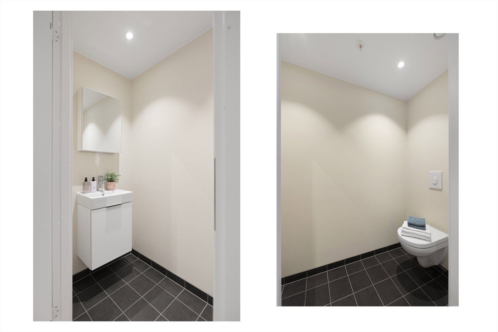 Lyst toalettrom med flislagt gulv, malte flater og downlights. Rommet er innredet med servant med ett-greps armatur, servantskap og vegghengt toalett. Galleribilde