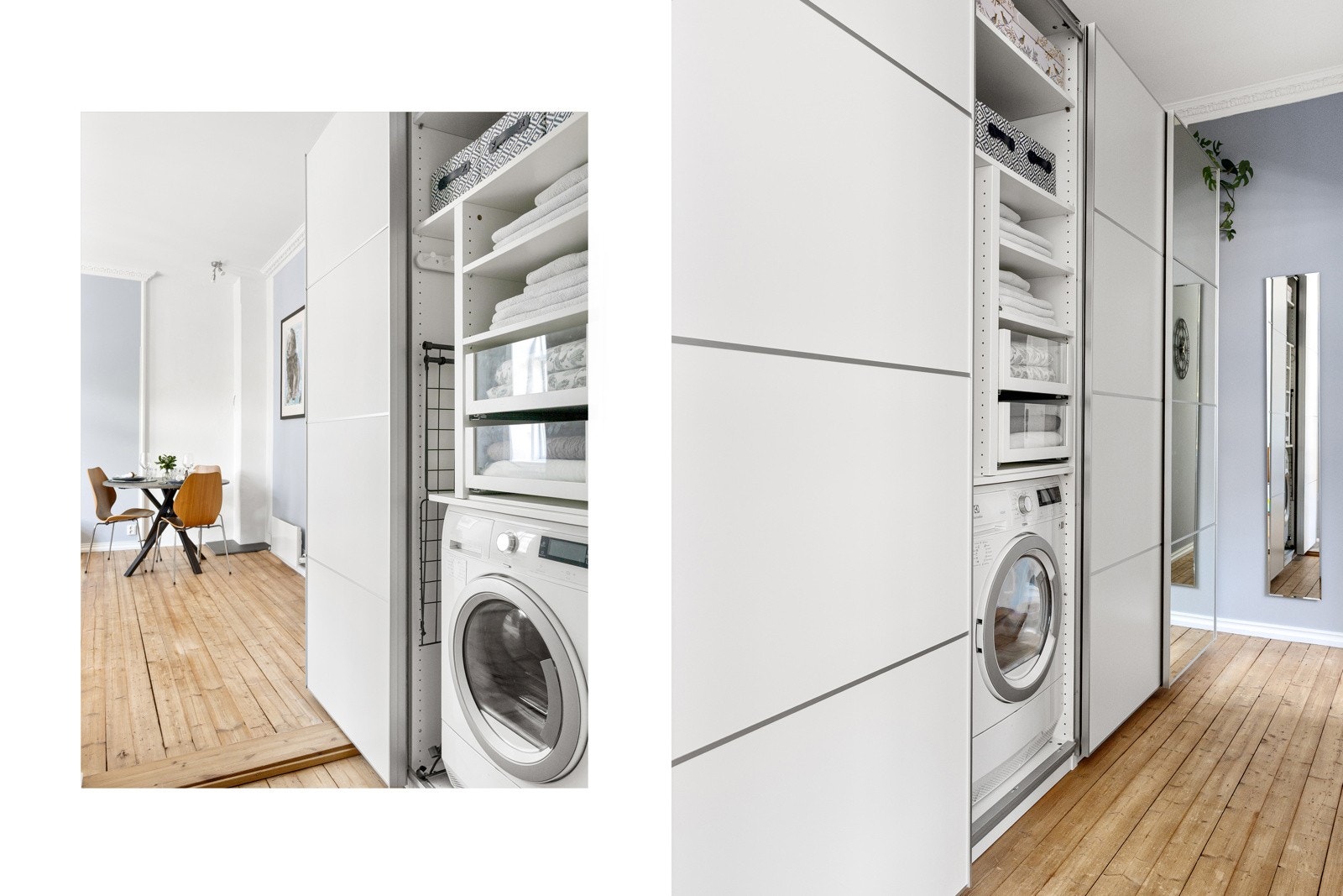 Romslig garderobeskap i gangen med smart løsning for tørketrommel Galleribilde