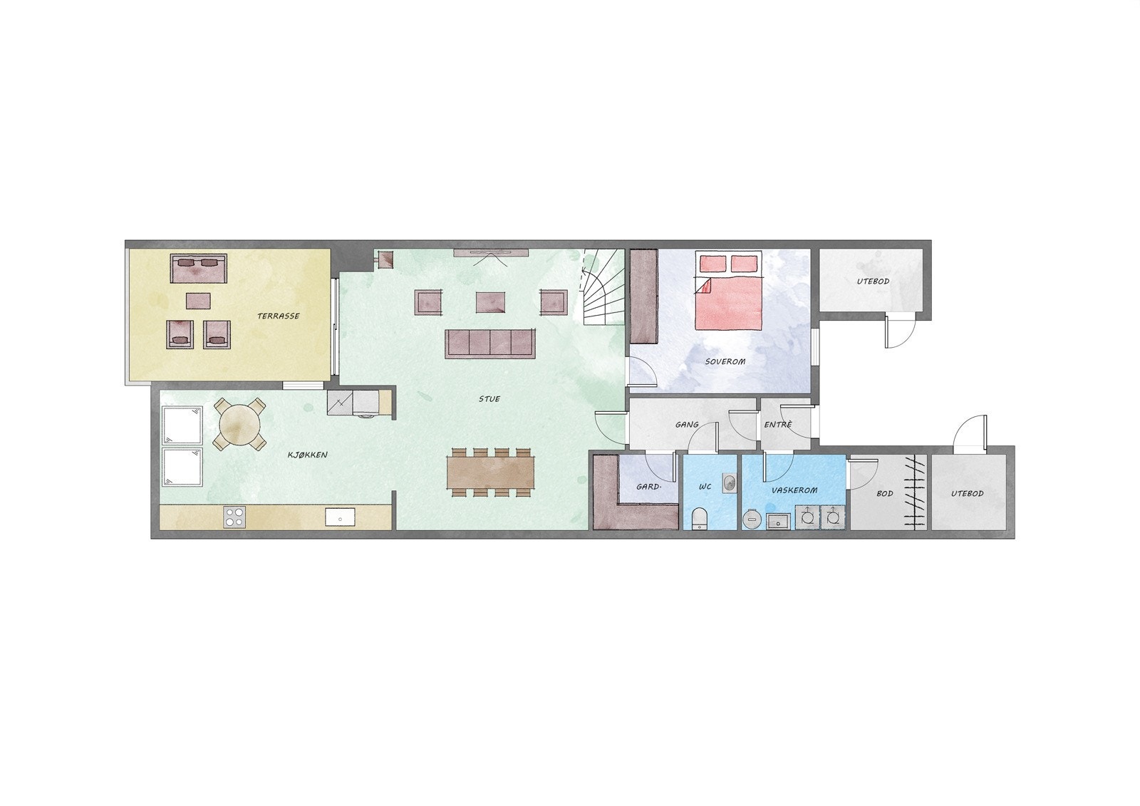 Etasjen har et areal på 82 m² + takterrasse på 11 m² og to eksterne boder på totalt 8 m² Galleribilde