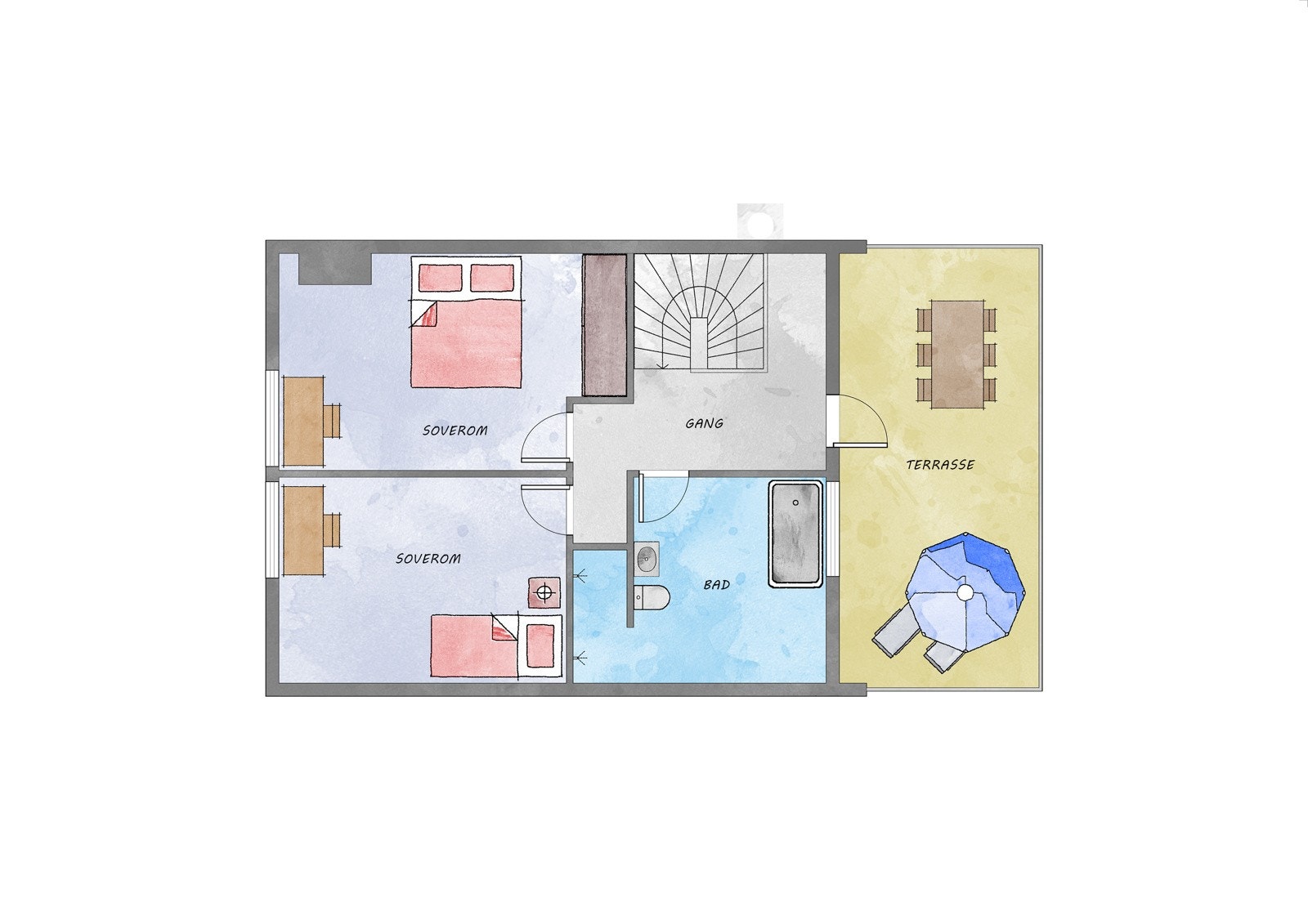 Toppetasjen har et målbart areal på 42 m² (samlet gulvareal er 50 m²) | Terrassens areal er 24 m² | Tilkomst til kofferloft fra ett av soverommene Galleribilde